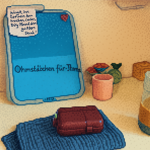 Arbeitsfläche mit Medikamentendose und Tafel für die Neuigkeiten