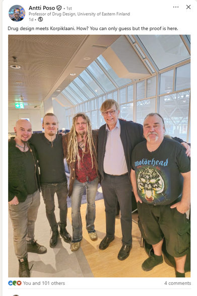 Antti Poso on Linkedin:
Drug design meets Korpiklaani. How? You can only guess but the proof is here.

Below a picture of a drug design professor posing with Korpiklaani.