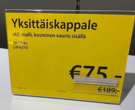 Hintalappu jossa lukee: "Yksittäiskappale. sk2, malli, kosminen vaurio sisällä"

75 euroa
Yli viivattu alkuperäinen hinta 189 euroa.