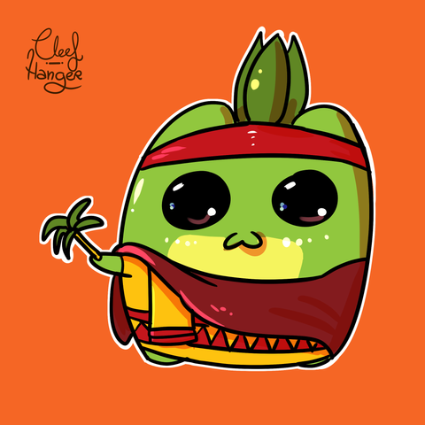 Froggelio dressed as what google says is a inca's dress and a branch of a palm tree in their hand.