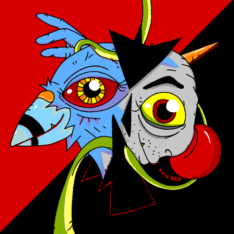 A surreal image mashing up a clown (the BSDClown) and a bird (Liam) from the Analogue Nowhere universe. These characters are loosely based on @socialgaff and I!