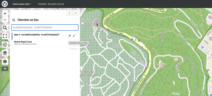 Capture de uMap avec les coordonnées de recherche pour la croix du Mont-Royal.