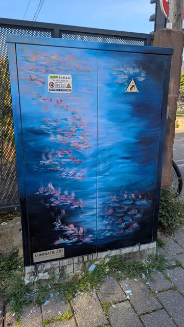 Peinture de nénuphars inspiré des Nymphéas de Claude Monet sur un boîtier électrique. Dans les tons bleutés avec des effets qui rappellent un merveilleux rêve.