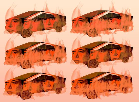 Illustration of cybertruck on fire. EM sheds a tear.