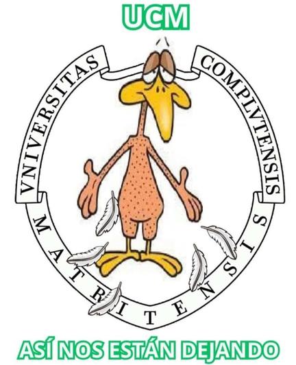 Logo de la UCM, pero con el cisne desplumado. Aparece un texto que pone "UCM. Así no están dejando".