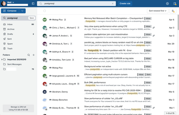 Screenshot of the Fastmail web client, desktop mode, inbox with messages.