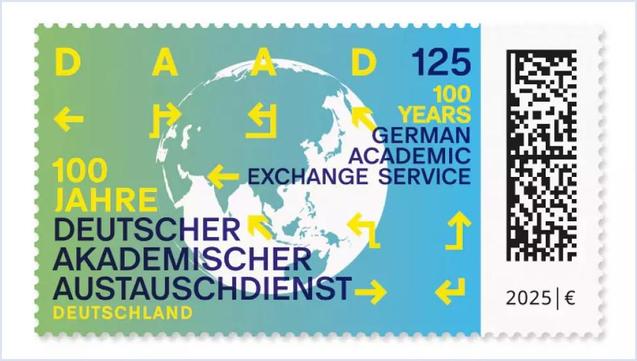 Eine Briefmarke, auf der eine Weltkugel mit Pfeilen in verschiedene Richtungen zu sehen ist.
Sonderbriefmarke "100 Jahre DAAD", Entwurf: Matthias Wittig, Berlin
Bildrechte: Deutsche Post