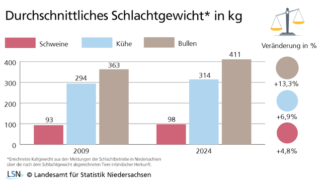 Durchschnittliches Schlachtgewicht in kg. Das Diagramm zeigt die Veränderung des Schlachtgewichts von Schweinen, Kühen und Bullen von 2009 und 2024. Das Gewicht stieg in diesem Zeitraum bei Bullen um 13,3%, bei Kühen um 6,9% und bei Schweinen um 4,8%.