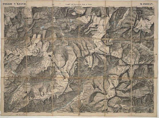 Carte historique réalisée par Giovanni Tommaso Borgonio en 1680, représentant le mont Iseran dans le royaume de Sardaigne. La carte montre des détails topographiques, comme les reliefs, les vallées et les cours d'eau, avec des annotations en italien. Elle illustre l'importance géographique et historique de cette région alpine.