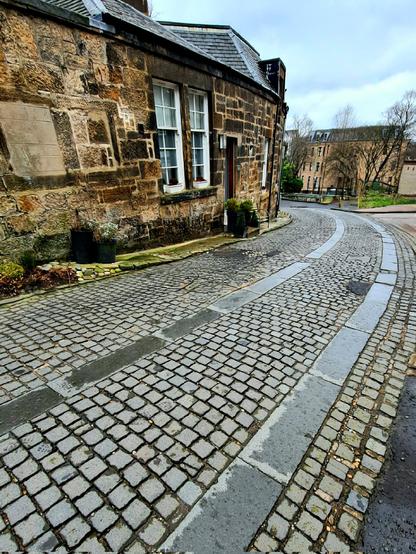 A pair of parallel lines of smooth stones leading up a narrow cobbled lane.
