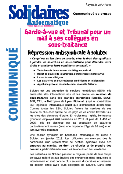 Première page du communiqué (disponible via le lien dans la publication)