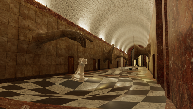 Weird corridor with checkerboard floor and stone hands coming from wall