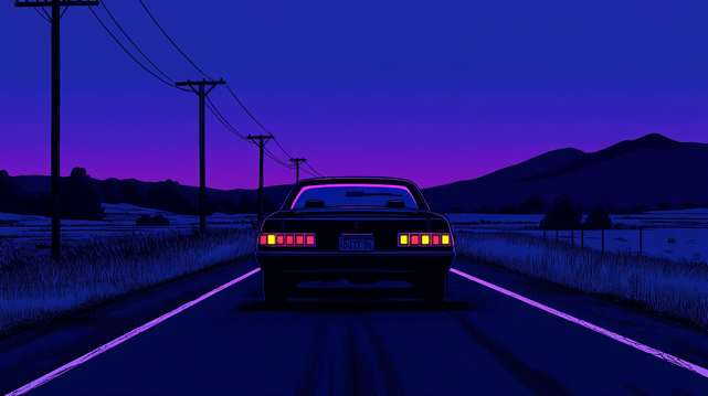 Virée de Minuit.
Illustration stylisée d'une voiture solitaire sur une route déserte sous un ciel violet au crépuscule.
Stylized illustration of a lone car on a deserted road under a violet twilight sky.