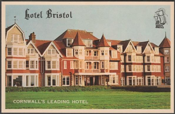 Printed colour postcard showing a view of the Hotel Bristol on Narrowcliff in Newquay, Cornwall.

Printed by Photo Litho Productions, Ilford, not numbered, c.1960s.

Postally unused.

Good condition, with minimal corner bumps, but very light bends to both top corners.