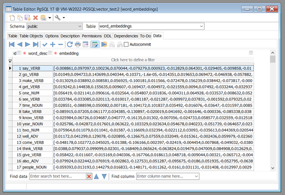 Screenshot of Database Workbench displaying vector embeddings in PostgreSQL