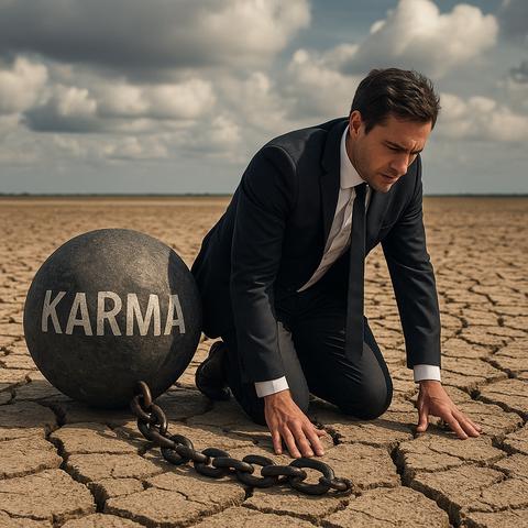 Image Description:
A man in a dark business suit is kneeling on a cracked, dry desert ground under a cloudy sky. He appears burdened and introspective. Chained to his leg is a large, heavy iron ball with the word “KARMA” written prominently on it. The scene symbolizes the weight and inescapability of one’s actions and their consequences, suggesting a profound connection between personal behavior and inevitable outcomes.🖖