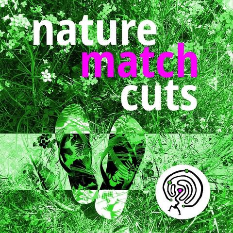 Podcastlogo of NatureMatchCuts: stylised floral flip flops in a meadow with flowers. The words are written in white (nature), pink (match), white (cuts). In the right botto mcorner my logo, an ancient symbol of a walking human, the head in the centre of a labyrinth.