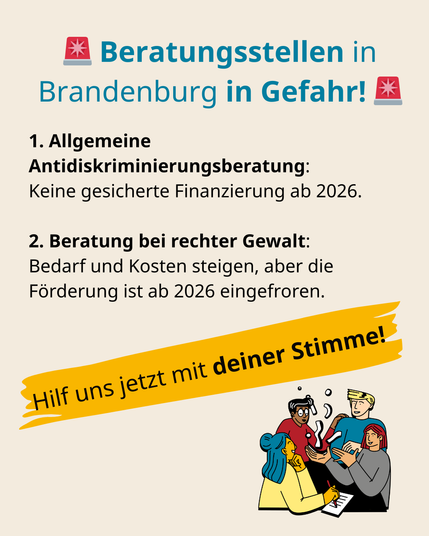 Gruppe von Menschen diskutiert.
Text: Beratungsstellen in Brandenburg in Gefahr