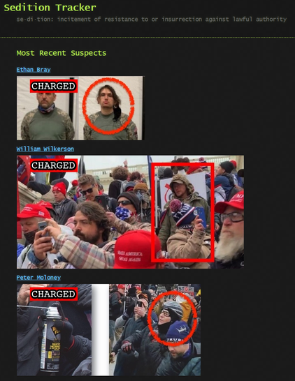 The image shows a screenshot from the Sedition Tracker website, which documents individuals allegedly involved in the January 6 Capitol riot. The page displays:  The "Sedition Tracker" title in green text at the top A definition of sedition underneath: "incitement of resistance to or insurrection against lawful authority" A "Most Recent Suspects" section listing three individuals:  Ethan Bray (with mugshot/photos marked with "CHARGED" in red) William Wilkerson (with protest photos marked with "CHARGED" in red) Peter Moloney (with protest photos marked with "CHARGED" in red)    Each person has images where they are identified with red circles or boxes, and all have a "CHARGED" label overlaid on their photos, indicating they've been formally charged in connection with the Capitol events.