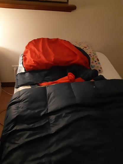 It's a pillow and two sleeping bags laid on top of a bed. You can just see the wooden window sill at the top of the photo and a white chest of drawers to the left (from my childhood home; they must be 50 years old by now, at least). Fun fact: it took me five minutes to work out how to zip up the bottom sleeping bag because who knew, when it's 1am and you've had a banana for dinner and nothing else, the brain doesn't work as well as it could