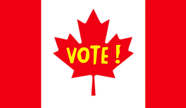 A Canadian Flag (a red bar on each end, white in between and a red maple leaf in the center of the white)   IN the center of the flag, on the maple leaf, is written in yellow, "VOTE!"