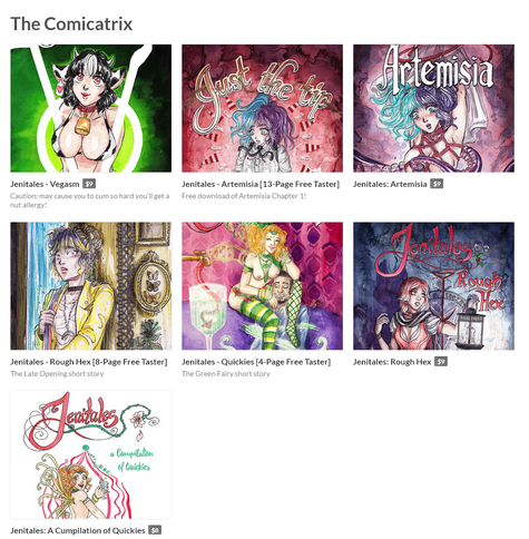 screenshot of Jen's itchio page, showing her smutty restricted terrible obscene horrific comics