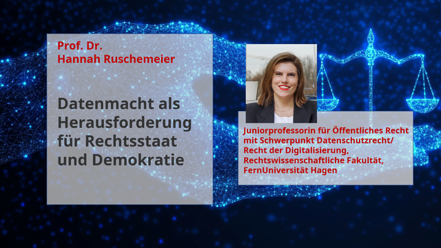 Ankündigung eines Vortrags im Rahmen des Studium generale der JGU Mainz, mit einem Bild der Referentin Prof. Dr. Hannah Ruschemeier. Im Hintergrund ein Bild einer aus Leuchtpunkten zusammengesetzte Hand, die eine stilisierte Waage auf den Fingern balanciert, als Illustration.