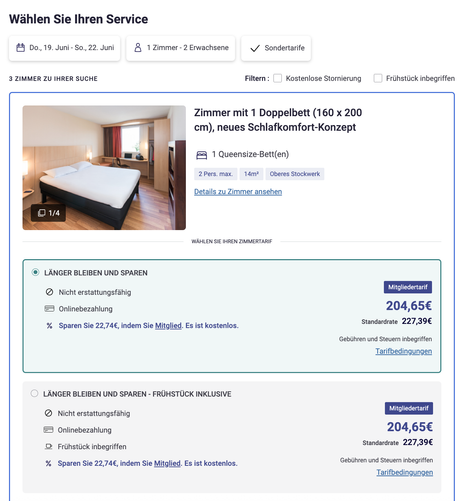 Accor Webseite, Preis für Hotel mit und ohne Frühstück zur GPN identisch.