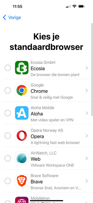 A browser list: Ecosia, Chrome, Aloha, Opera, Web, Brave ...