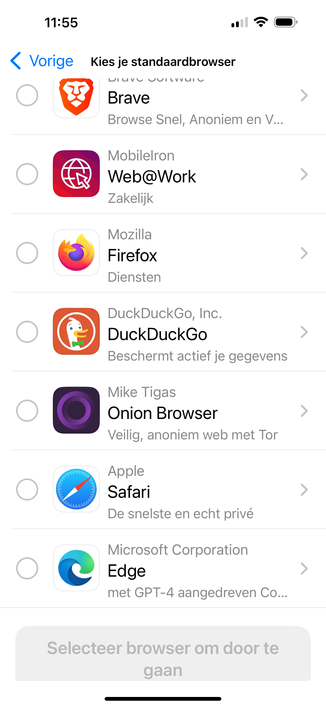 Continued browser list: Web@Work, Firefox, DuckDuckGo, Onion Browser, Safari, Edge.