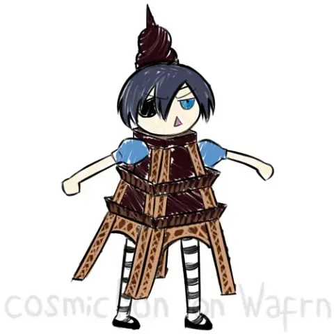 Digital roughly colored doodle of Our Ciel Phantomhive from Black Butler, drawn in chibi style. He is wearng his Alice inspired outfit from the Ciel In Wonderland OVA and he has an Eiffel tower prop on like an extra outfit. He looks grumpy. The background is white.