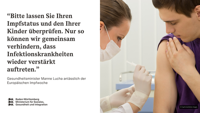 Ärtzin impft jungen Mann. Zitat des Gesundheitsministers links: „Bitte lassen Sie Ihren Impfstatus und den Ihrer Kinder überprüfen. Nur so können wir gemeinsam verhindern, dass Infektionskrankheiten wieder verstärkt auftreten.“