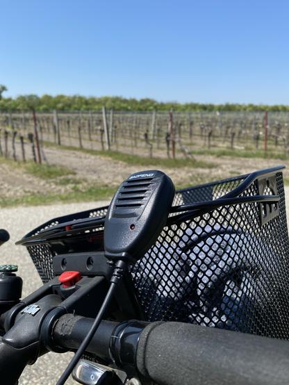 A close-up view of a bicycle handlebar with a black microphone attached, set against a backdrop of a vineyard and clear blue sky. The bicycle basket is visible, along with the handlebar controls.