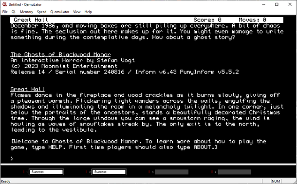 Screenshot of Stefan Vogt's Ghosts of Blackwood Manor running on the Sinclair QL emulator under SUCCESS CP/M 2.2 emulator.