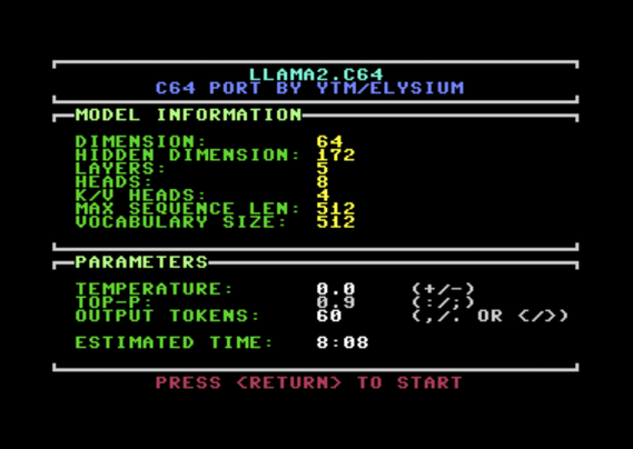 The settings screen for the LLama2.c64 "LLM" on a Commodore 64