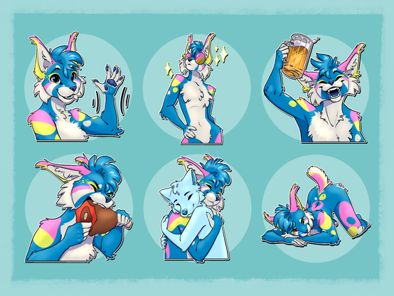 A set of 6 telegram stickers of a blue anthro lynx with white, neon yellow & neon pink markings. They show him waving, posing glamorously in a pair of sunglasses, cheering with a beer, eating a chunk of meat, hugging a YCH, and posing seductively