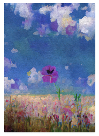 Summer Field of Wildflowers Mixed Media Painting. In this impressionistic image, one lone purple flower stands tall against a seemingly endless field of many other multi-colored flowers under a brilliant blue summer sky dotted with white clouds. This joyful floral perfectly expresses what a beautiful summer day feels like to me - warm, happy, filled with beauty and clear bright colors.

A happy marriage of photography and digital art brushes, this painting started with an image of a lone Nodding Onion flower in a field. The Nodding Onion, also known as Allium Cernuum or lady's leek, is a perennial wild onion that produces a beautiful and exotic looking flower. This wildflower is native to Canada, North America, and Mexico.