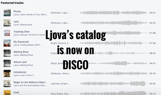 Ljova's Music on DISCO - shows waveforms with a big text "Ljova's Catalog is now on DISCO"