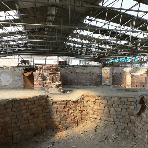 covered archaeological site of Berliner Schloss, showing foundations