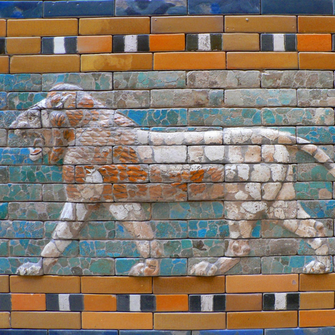 detail of tile panel depicting a lion from the Ishtar Gate