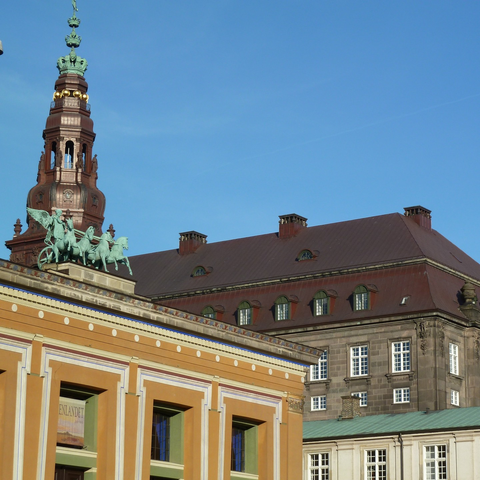 a Copenhagen skyline, showing the Thorvaldsen Museum, and the tower of Christiansborg Palace