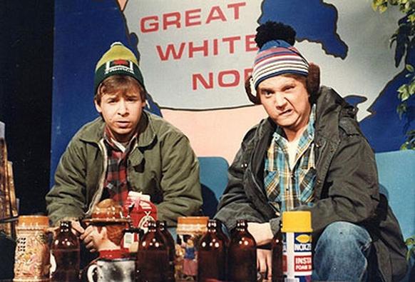 bob and doug mckenzie on the set of their (fake) show, great white north