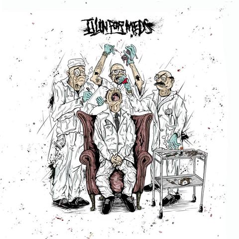 A chaotic cartoon-style illustration of a man in a white medical coat sitting in an armchair, mouth wide open in terror, while three deranged doctors perform crude and violent surgery on him; blood and ink splatters cover the white background, giving it a raw, messy, underground aesthetic.