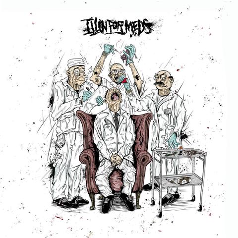 A chaotic cartoon-style illustration of a man in a white medical coat sitting in an armchair, mouth wide open in terror, while three deranged doctors perform crude and violent surgery on him; blood and ink splatters cover the white background, giving it a raw, messy, underground aesthetic.