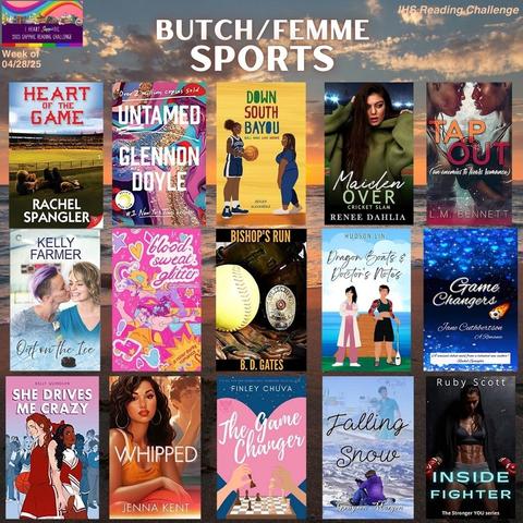 Book covers for the I Heart SapphFic reading challenge category for the week of 04/28/25 on a shoreline/distant horizon background: Sports.