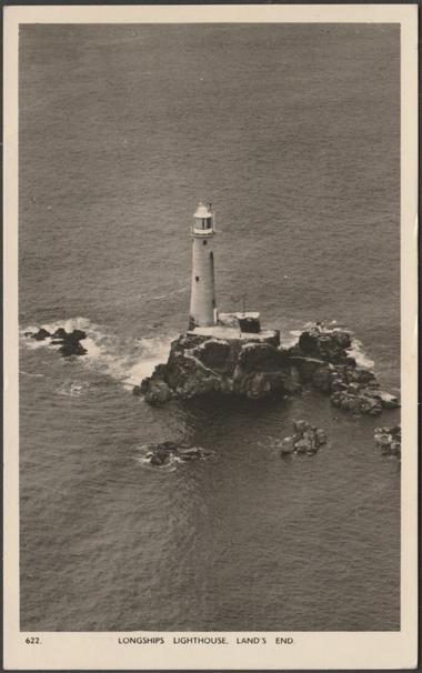 Monochrome real photographic postcard showing a view of the Longships Lighthouse off Land's End in Cornwall.

Published by Overland Views, Uxbridge, No 622.

Postally used on 10 June 1954 with Plymouth cancellation, stamp removed, and sent to Mr & Mrs D. Thomas, 111 Thunder Lane, Norwich, Norfolk.

Fairly good condition, with very slight corner bumps, but small light creases to upper left edge, lower right edge and lower centre.