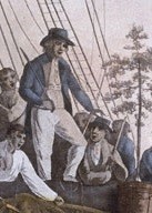Drawing of Fletch Christian, in a blue coat, white trowsers and hat. By Robert Dodd - 1. Mutiny_HMS_Bounty.jpg, derivative work: Emír Balduin Hallef Omar Ali al-Adid bin Abú Sharee al-Kerak (talk)2. Royal Museums Greenwich, Public Domain, https://commons.wikimedia.org/w/index.php?curid=8040964