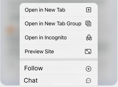 A screenshot of a website's context menu, with additional custom menu items that the website has provided - a "Follow" option and a "Chat" option.