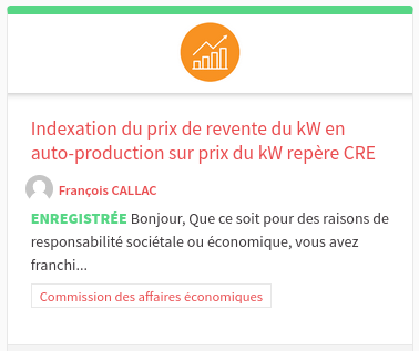 Indexation du prix de revente du kW en auto-production sur prix du kW repère CRE

 Bonjour, Que ce soit pour des raisons de responsabilité sociétale ou économique, vous avez franchi...

    Commission des affaires économiques