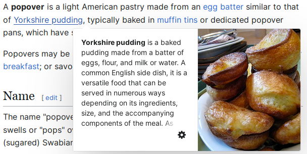 A screenshot of the Wikipedia "popover" article. The link "Yorkshire Pudding" has been hovered, which has displayed a preview-card with a small except from the Yorkshire pudding page, including the image on that article.